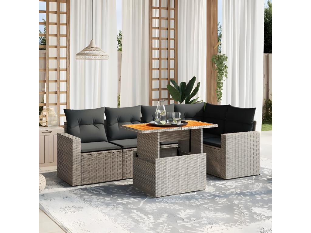 Salon de jardin 6 pcs avec coussins gris résine tressée YBKZ74027