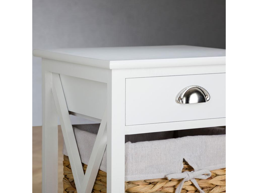Table de chevet Artigeo table de nuit en bois lasuré blanc avec 1 tiroir et 2 paniers en fibre naturelle et insert en tissu blanc DLNV65649