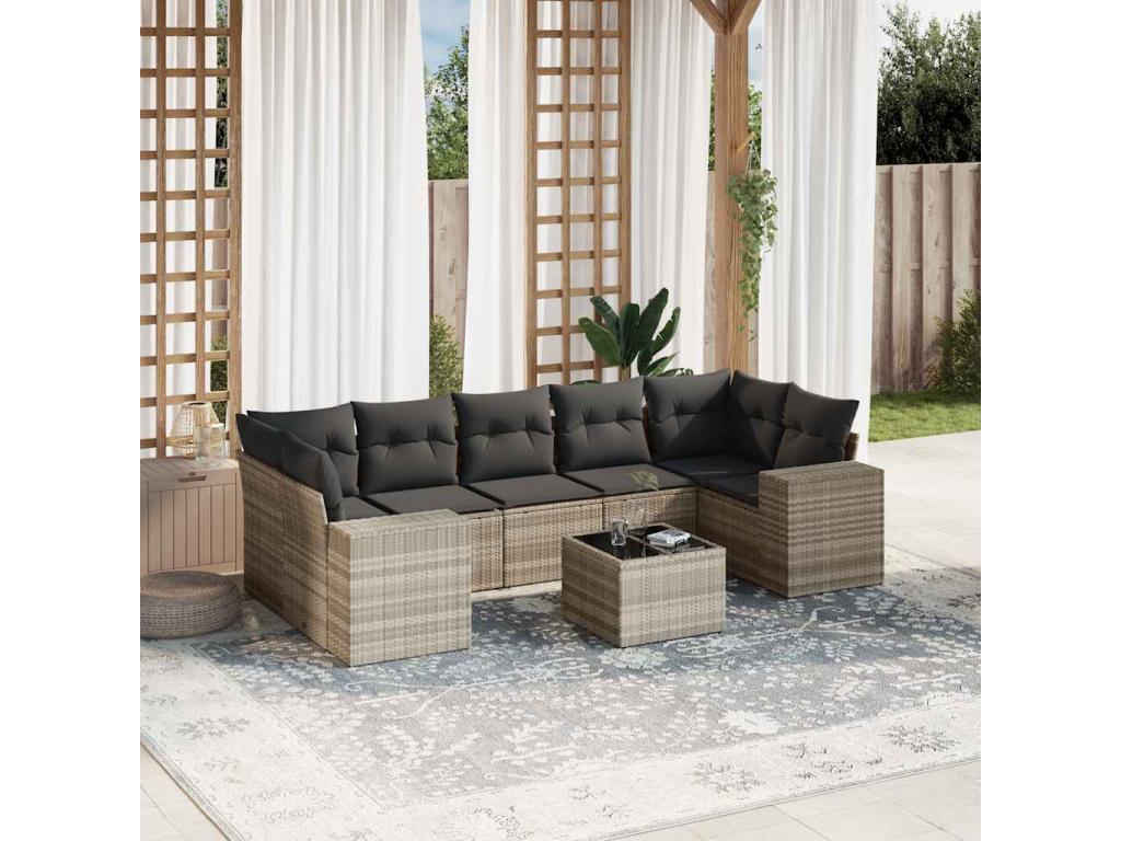 Salon de jardin 8 pièces avec coussins gris clair résine tressée MKXG90690