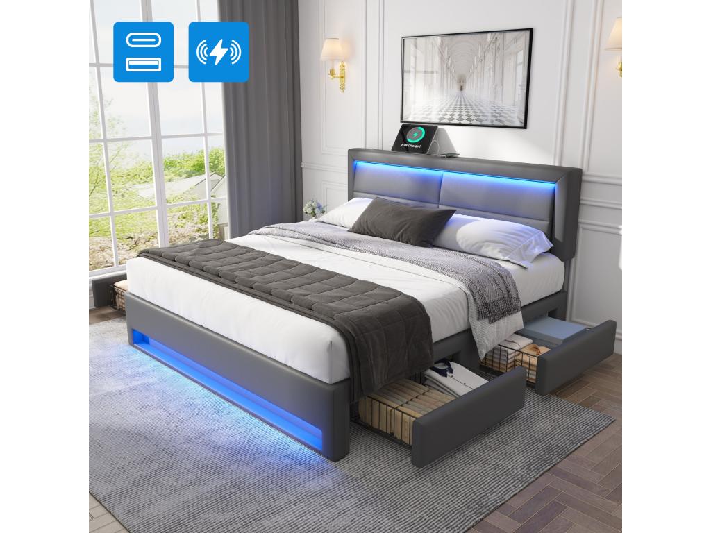 Lit capitonné 140x190 cm avec 4 tiroirs et tête de lit - port USB LEDs - Cuir PU - Gris sans matelas IXQV69734