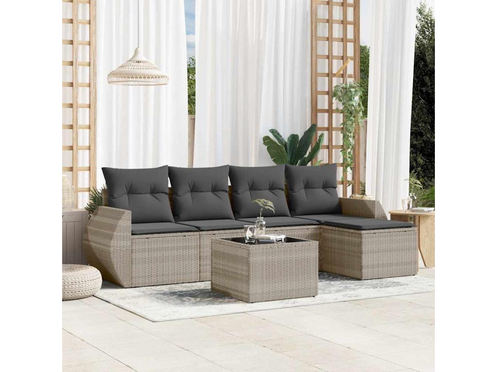 Salon de jardin 6 pièces avec coussins gris clair résine tressée AFIJ24556