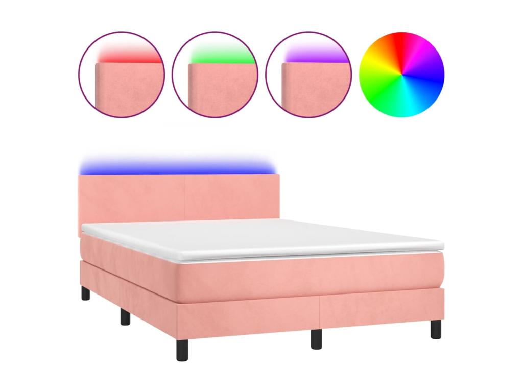 Sommier tapissier avec matelas et LED Rose 140x190 cm Velours GGJP72027