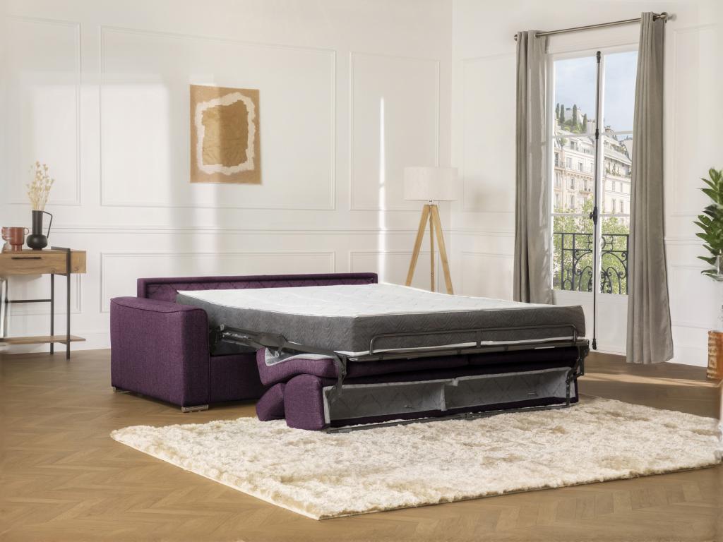Canapé 2 places convertible express en tissu violet - couchage 120 cm - Matelas 18 cm avec mémoire de forme Artigeo RITV85413