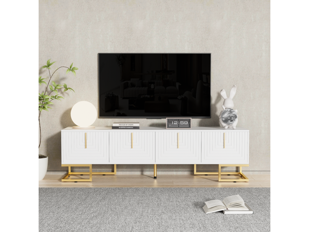 Meuble TV avec 4 portes structurées - 170x40x45,5 cm - Poignées dorées et pieds dorés - Panneaux de particules - Blanc UNBE86262