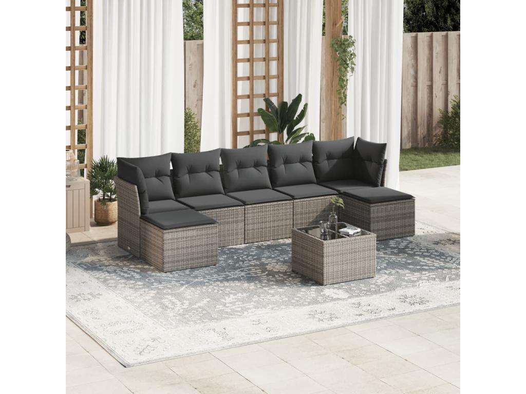 Salon de jardin 8 pcs avec coussins gris résine tressée IYRW97029