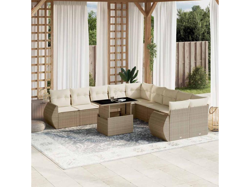 Salon de jardin 11 pièces avec coussins beige résine tressée FTOY85280