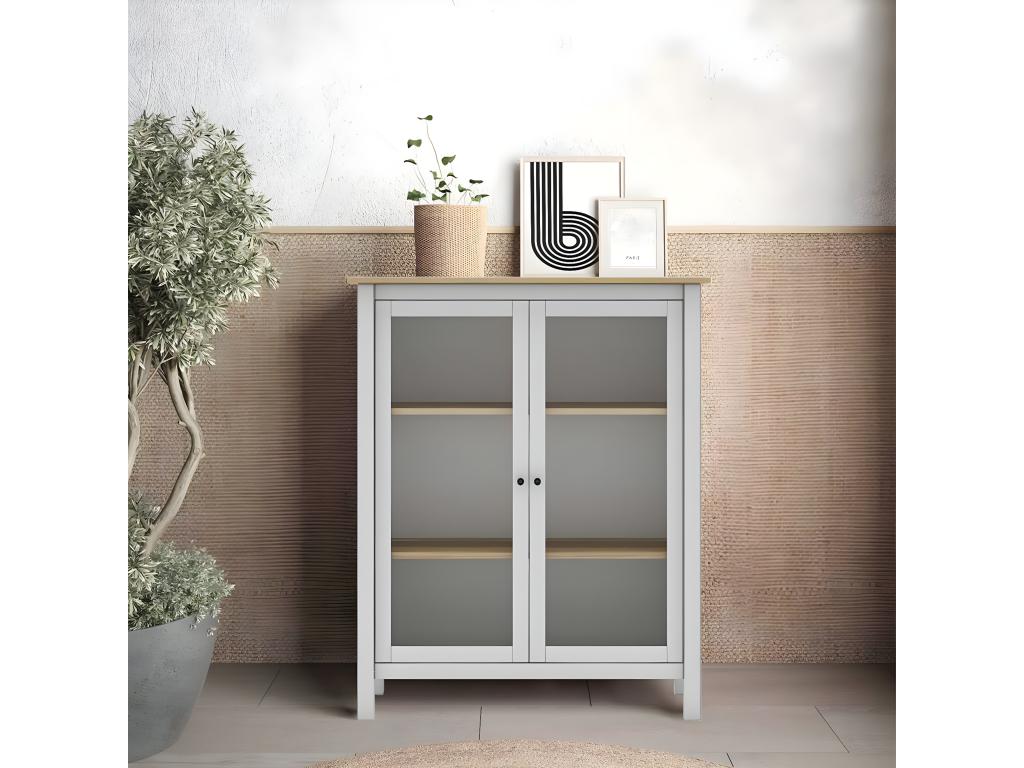 Cosymeub - Vitrine Basse 2 Portes en Pin Massif Blanc JLVZ27096