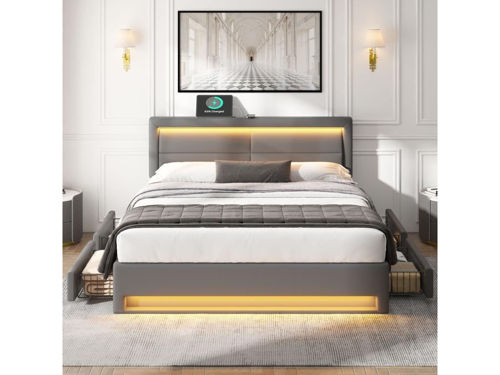 Lit capitonné 140x190 cm avec 4 tiroirs et tête de lit - port USB LEDs - Cuir PU - Gris sans matelas IXQV69734