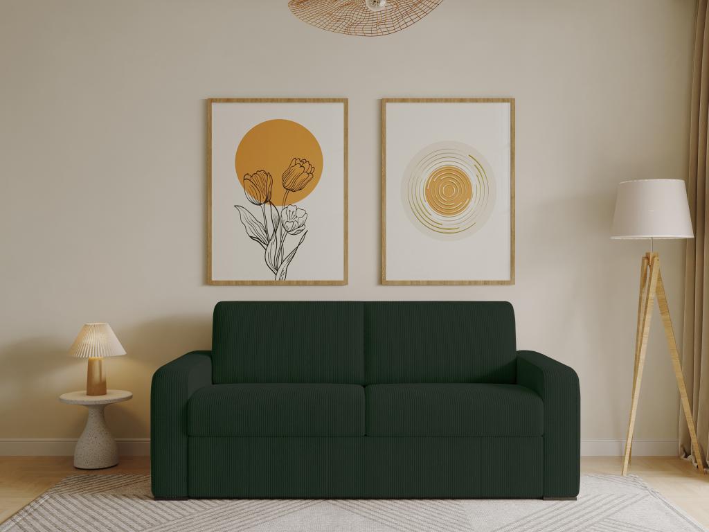 Canapé 3 places convertible express en velours côtelé vert sapin - Couchage à Cosymeub larges 130 cm - Matelas 22 cm - Cosymeub IOTU84212