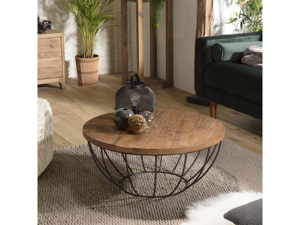 Artigeo - Table basse coque ronde 80x80cm plateau teck recyclé piétement métal noir UIYV49630