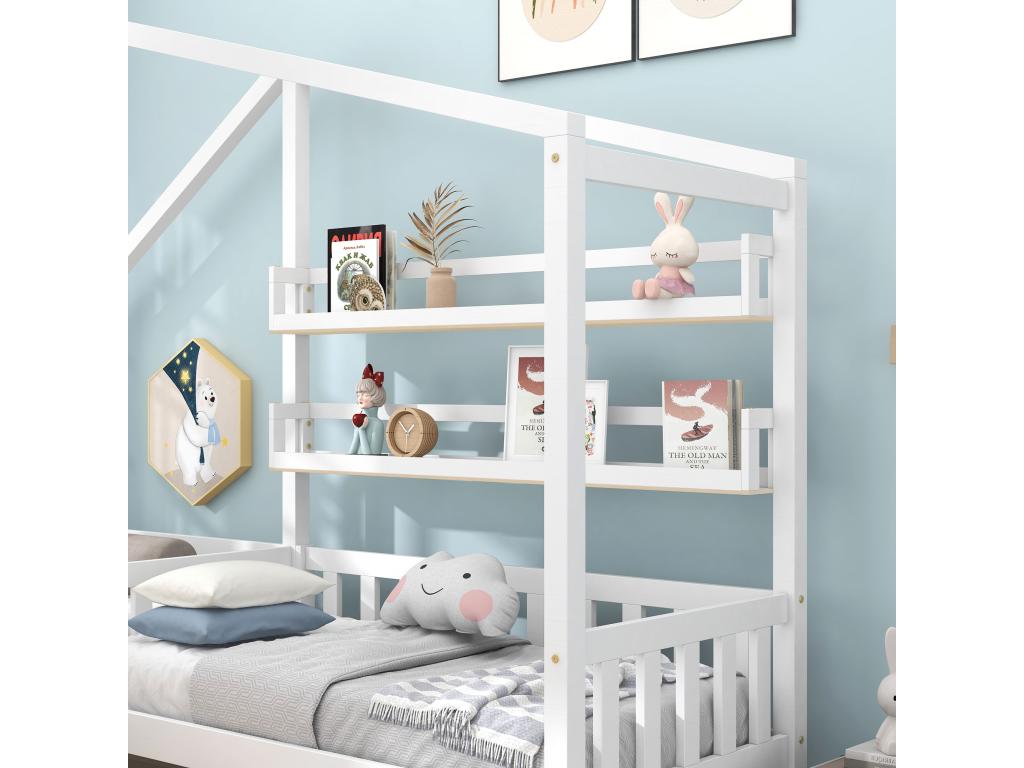 Lit cabane 90x200cm 140x70cm en bois massif - avec tiroirs et étagères sommier à Cosymeub - Blanc YBVS05846