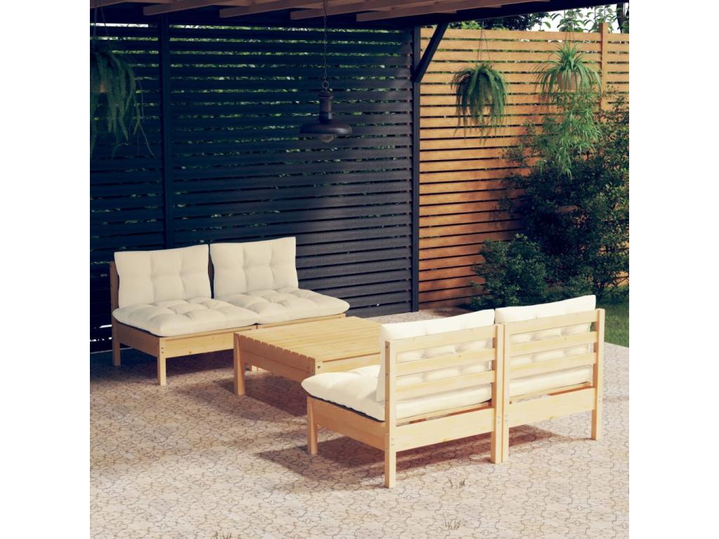 Salon de jardin 5 pcs avec coussins crème Bois de pin 2 GXBF09579