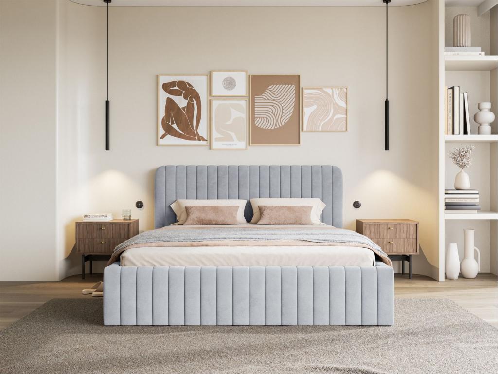 Lit capitonné double - 160x200 cm - en velours gris - Chezlova OJQB86016