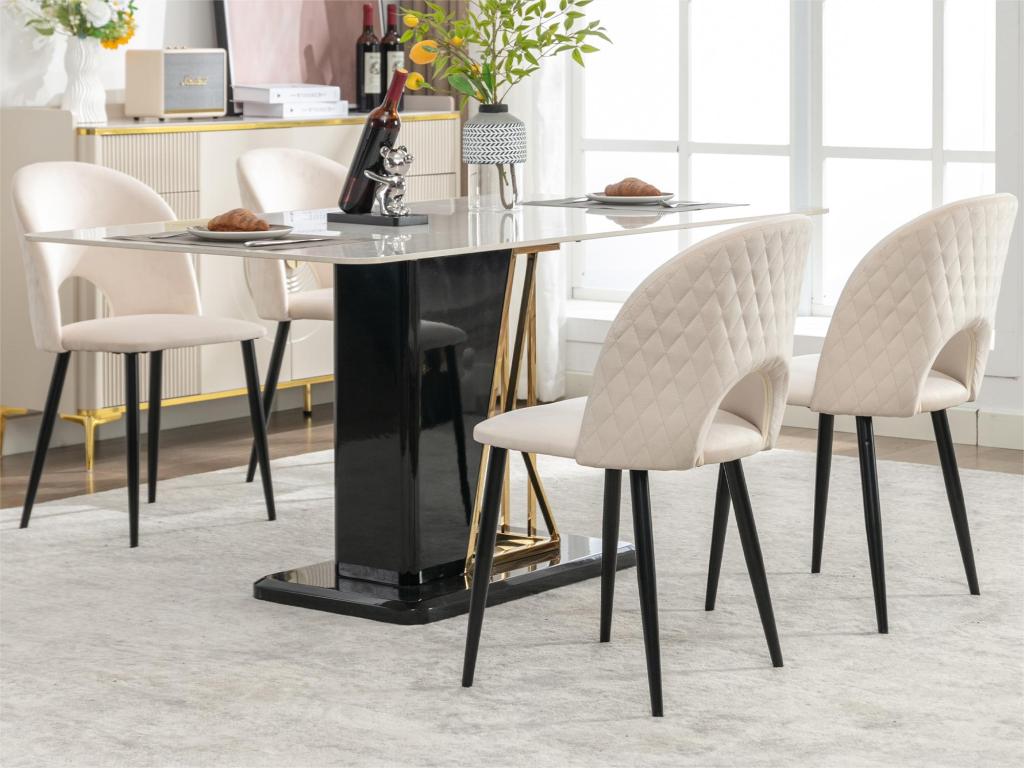 Lot de 4 Chaises rembourrées en velours - revêtements de motif losange - pieds réglables - Beige YZEO13469