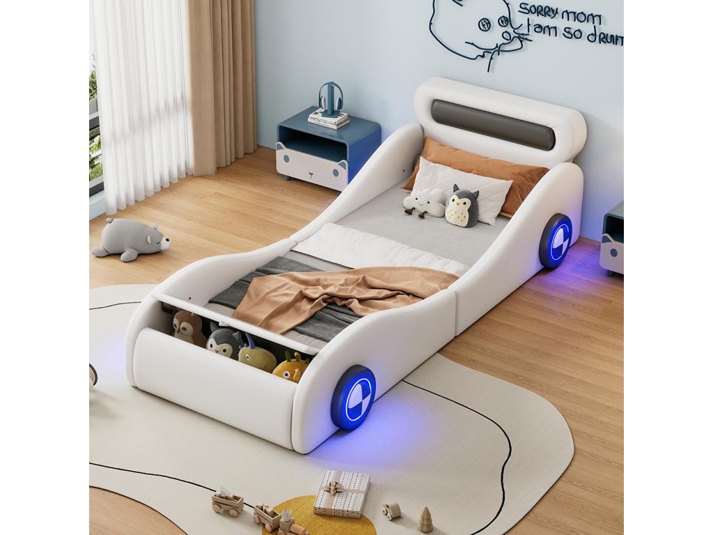 Lit rembourré 90x200 cm lit d'enfant forme voiture avec roues éclairées et espace de rangement PU blanc YFGD53036