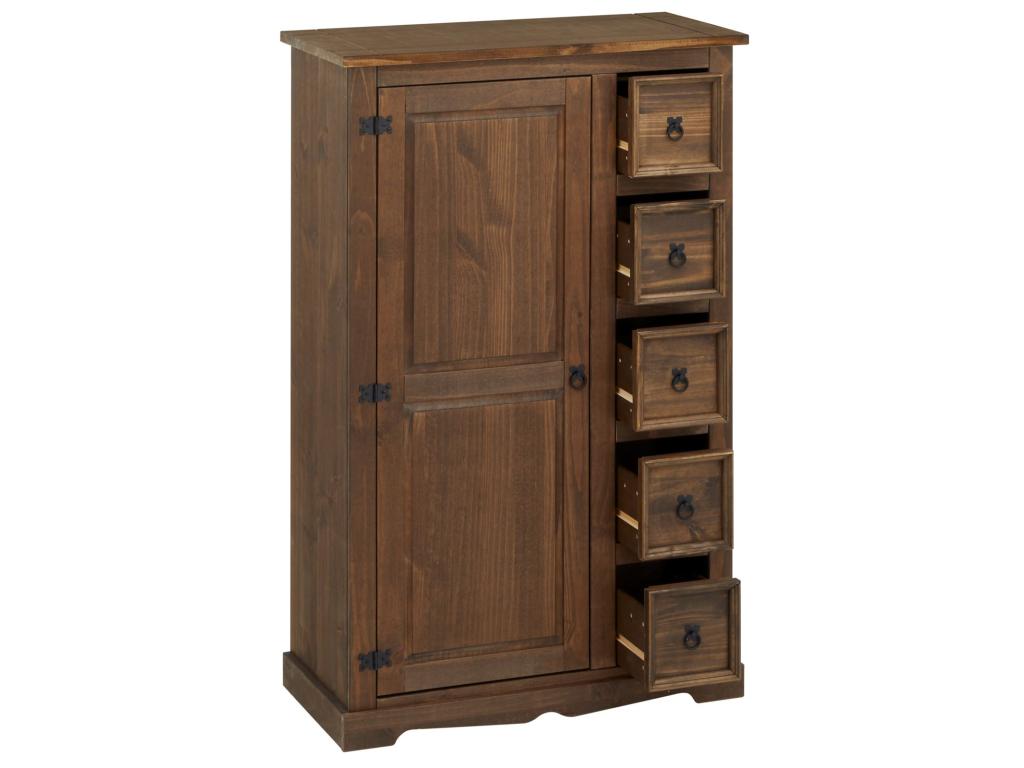Buffet chiffonnier apothicaire Artigeo style mexicain avec 1 portes et 5 tiroirs en pin massif lasuré brun GIEM52375