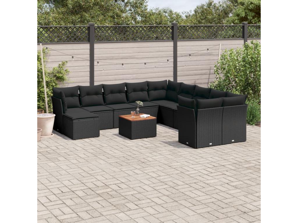 Salon de jardin 12 pcs avec coussins noir résine tressée PJPD36128