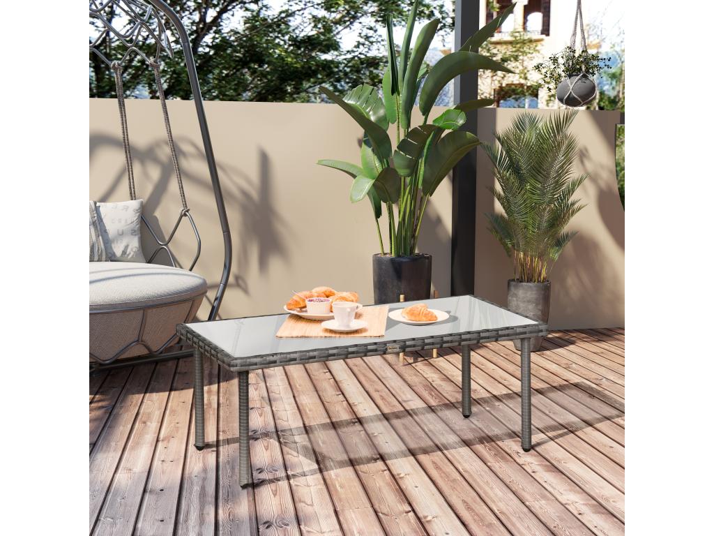 Table basse de jardin plateau verre trempé 5 mm résine tressée imitation rotin gris YGPQ43360