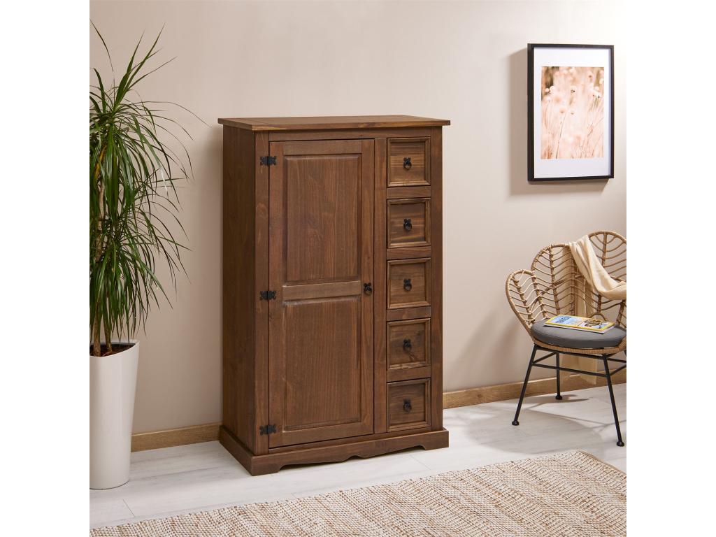 Buffet chiffonnier apothicaire Artigeo style mexicain avec 1 portes et 5 tiroirs en pin massif lasuré brun GIEM52375