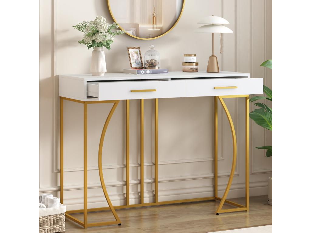 Console avec 2 tiroir - Pièds en métal doré - Blanc - Artigeo VODA28596