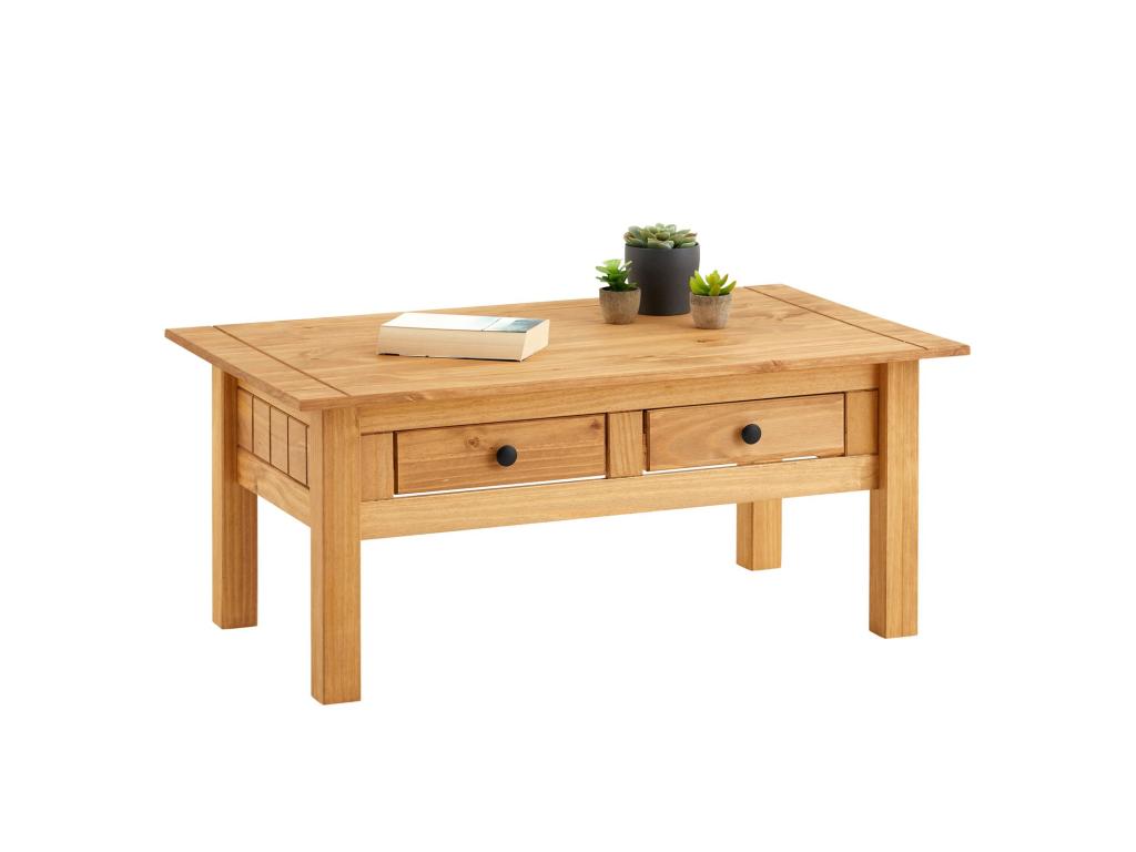Table basse de salon Artigeo rectangulaire en bois avec 2 tiroirs en pin massif finition teintée/cirée DKFC95369