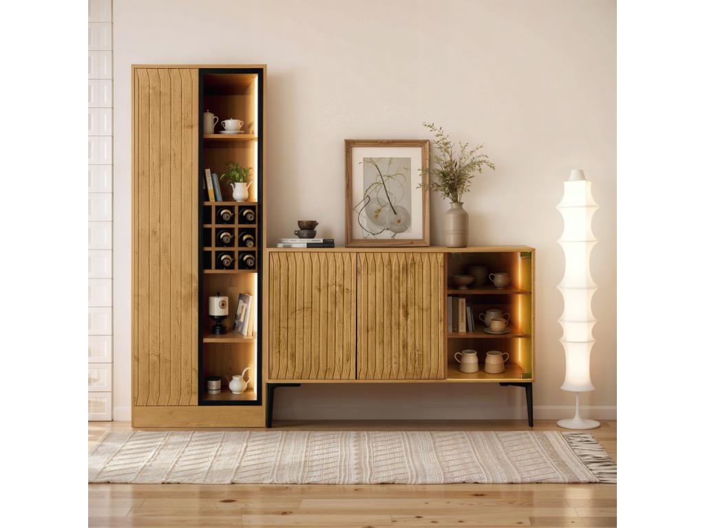 Ensemble Vitrine meuble de salle de bain buffet bas - 60x35x160 cm 120x35x80 cm - Bois MDF - LEDs - Naturel EDPK97768