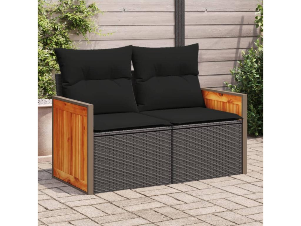Canapé de jardin avec coussins 2 places noir résine tressée FOIE54635