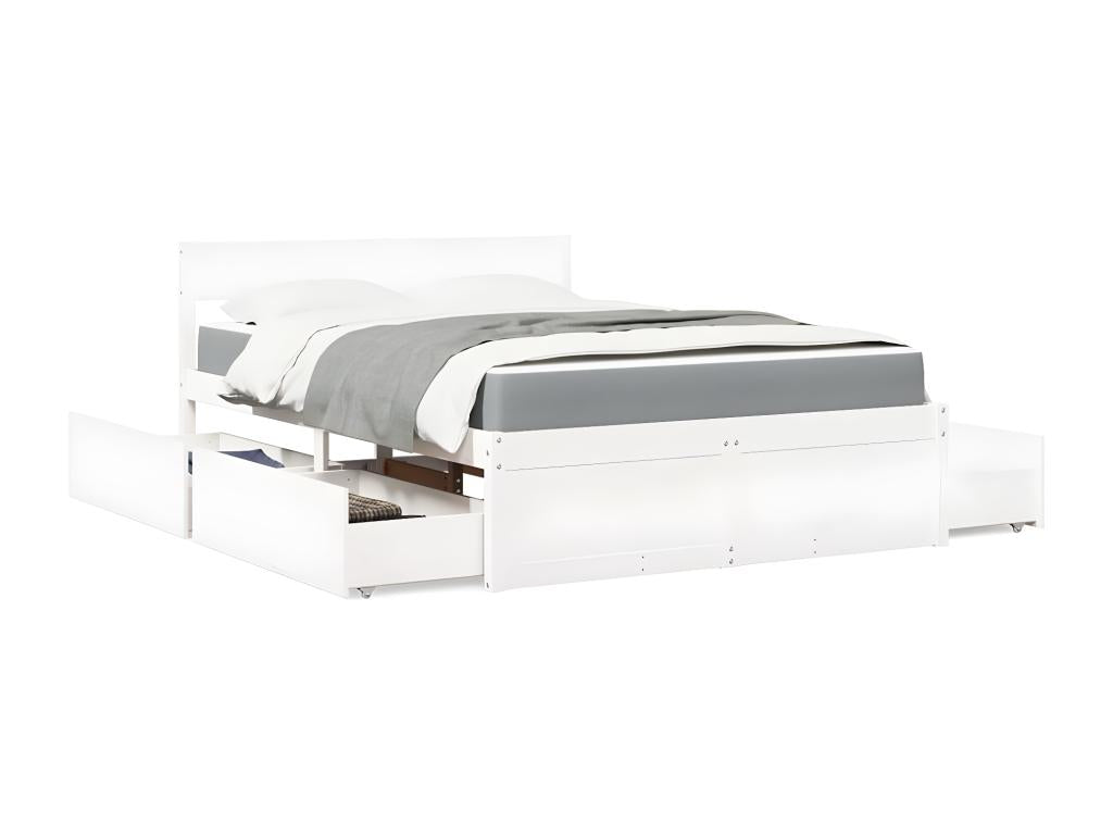 Lit avec tiroirs et matelas blanc 140x190 cm bois massif de pin STLQ78919