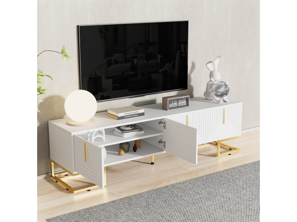 Meuble TV avec 4 portes structurées - 170x40x45,5 cm - Poignées dorées et pieds dorés - Panneaux de particules - Blanc UNBE86262