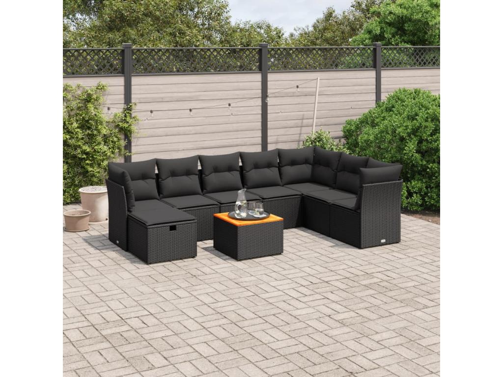 Salon de jardin 9 pcs avec coussins noir résine tressée COTO09921