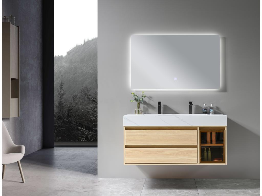 Cosymeub- Meuble de salle de bain double vasque 120cm bois et blanc effet marbre avec miroir LED LB-8512 AGUF08363