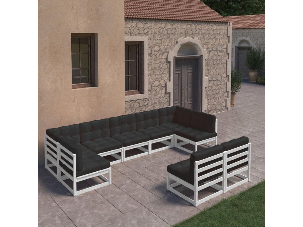 Salon de jardin 9 pcs avec coussins Blanc Bois de pin massif WATZ99241