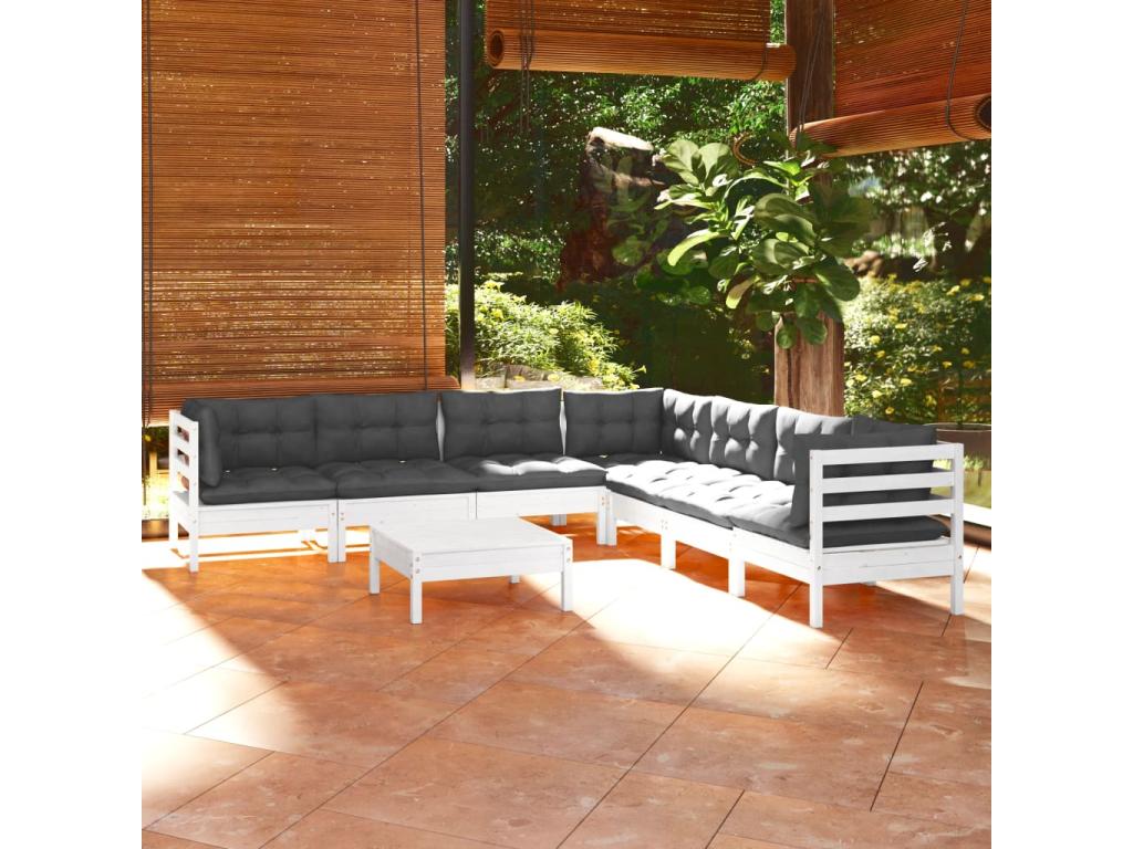 Salon de jardin 8 pcs avec coussins blanc bois de pin massif EDFX77416