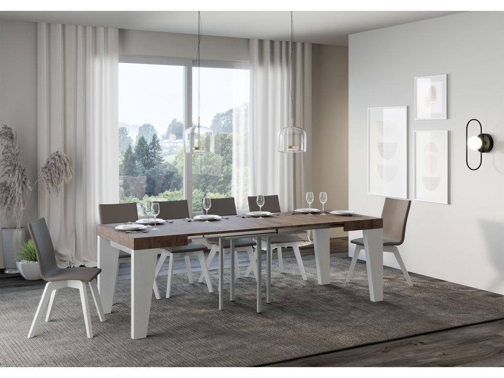 Table extensible 90x90/246 cm Naxy Mix dessus Noyer pieds Frêne Blanc RCZE60195