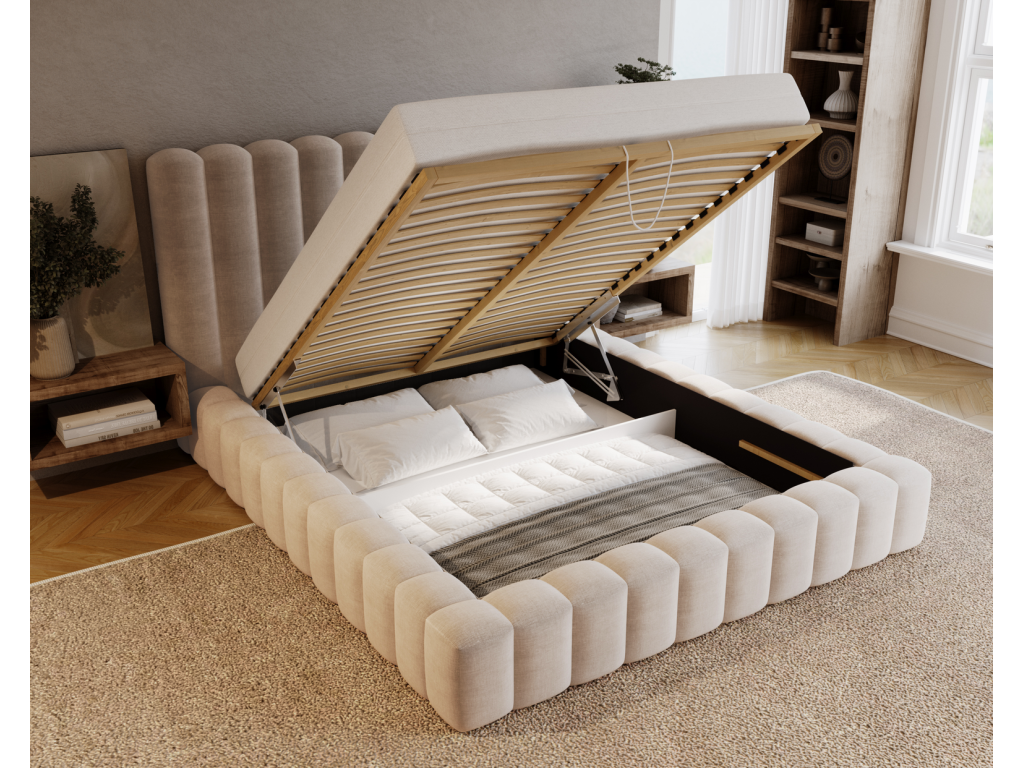 Cosymeub Lit double 180x200 Cosymeub - Lit capitonné avec cadre Rangement Beige Ikoo 1 TCMA78308