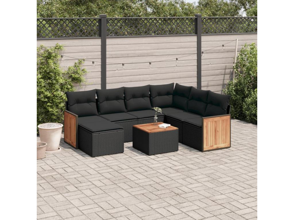 Salon de jardin 8 pcs avec coussins noir résine tressée DXLZ70952