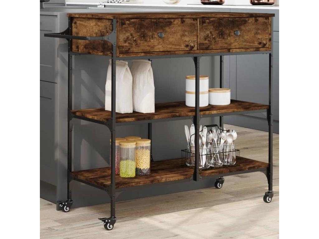 Chariot de cuisine chêne fumé 105x42x95 cm bois d'ingénierie XBYQ50096
