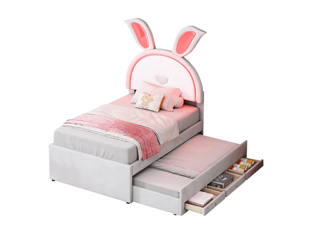 Lit gigogne enfant 90x200 cm velours canapé-lit avec lit gigogne tiroir de rangement et Artigeoère LED beige ZSGK65428