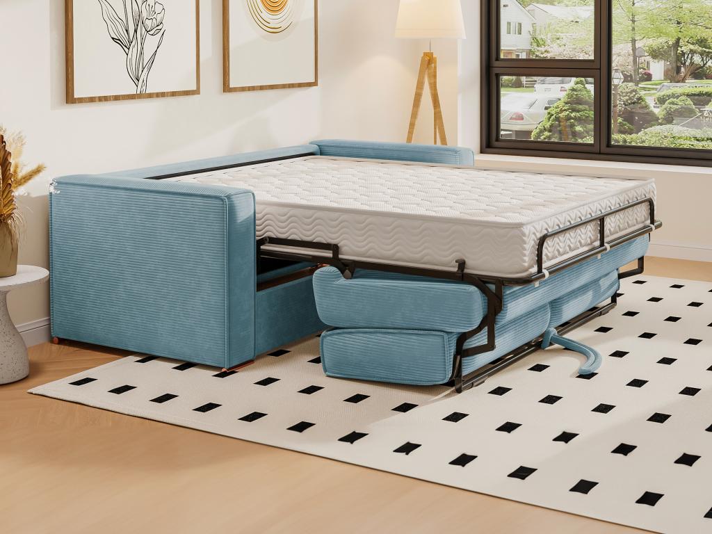 Canapé 4 places convertible express en velours côtelé bleu turquoise - Couchage à Artigeo larges 160 cm - Matelas 22 cm Artigeo CMBW76981